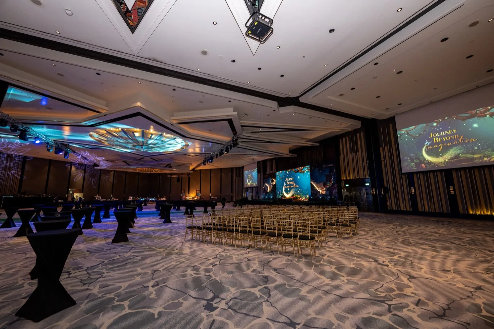 Wide ballroom view prepared for Annual Airport Celebration 2024